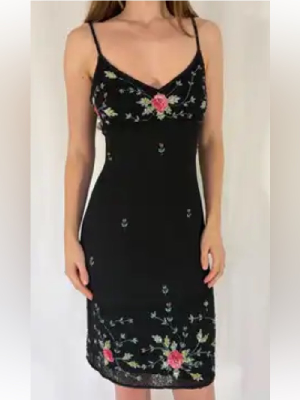 CACHE VINTAGE Black Midi Slip FORMAL Pink Floral Embroidery dress Sz 8 A